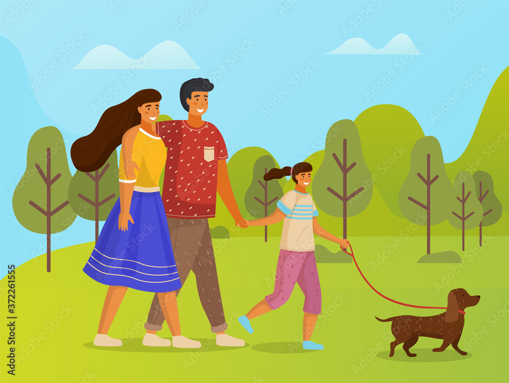 Happy family holding each other s hand, hugging, walking together outdoor with small dog along the forest road summer day. Mother, father and daughter family weekend and walks with pet in summer park Happy family holding each other s hand, hugging, walking together outdoor with small dog along the forest road summer day. Mother, father and daughter family weekend and walks with pet in summer park