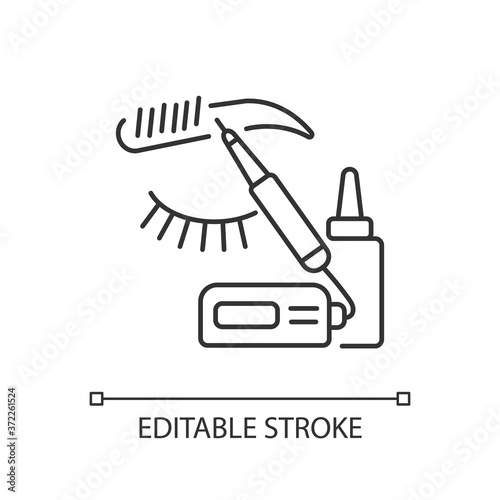 Microblading linear icon. Brows shaping and grooming. Eyebrows tattooing. Semi permanent makeup. Thin line customizable illustration. Contour symbol. Vector isolated outline drawing. Editable stroke