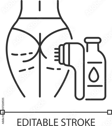 Anti cellulite program linear icon. Dimpled skin tightening. Anti cellulite cream and brush. Thin line customizable illustration. Contour symbol. Vector isolated outline drawing. Editable stroke