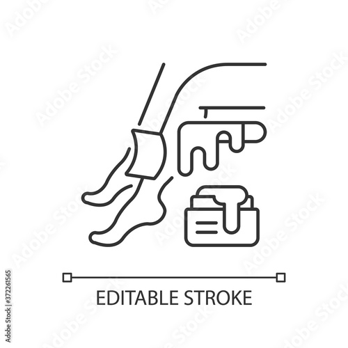 Waxing linear icon. Unwanted hair removal. Depilation and epilation. Sugaring procedure. Thin line customizable illustration. Contour symbol. Vector isolated outline drawing. Editable stroke