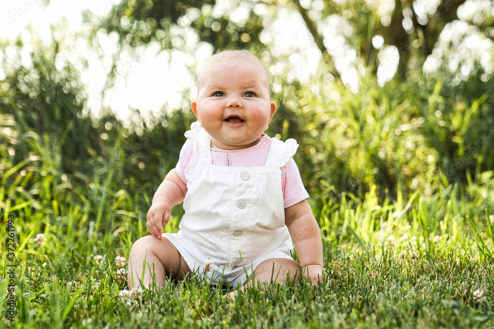 Happy adorable chubby baby girl sitting on the grass Happy adorable chubby baby girl sitting on the grass