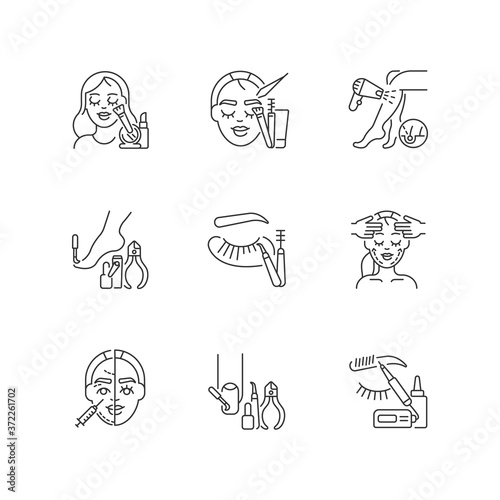 Beauty parlor linear icons set. Makeup. Manicure and pedicure. Eyebrow making. Microblading. Beauty procedures. Customizable thin line contour symbols. Isolated vector outline illustrations