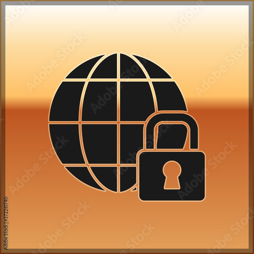Black Global lockdown - locked globe icon isolated on gold background. Vector.