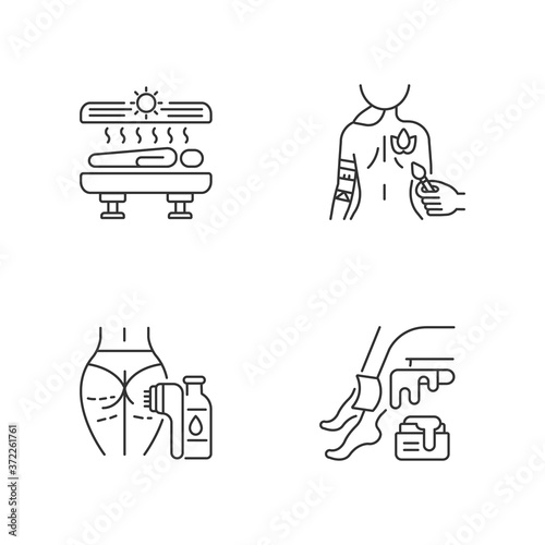 Body care linear icons set. Tanning. Body painting. Laser hair removal. Waxing. Solarium machine. Body art. Sugaring. Customizable thin line contour symbols. Isolated vector outline illustrations