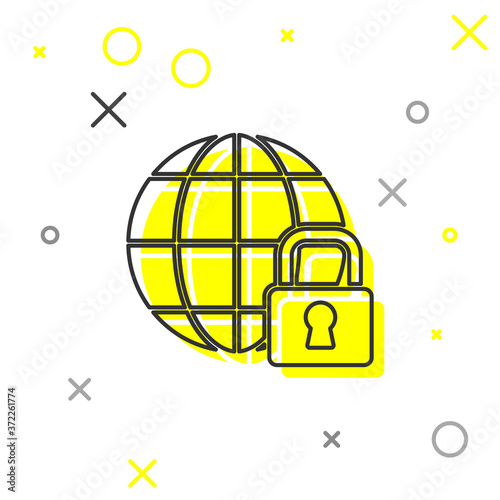 Grey line Global lockdown - locked globe icon isolated on white background. Vector.