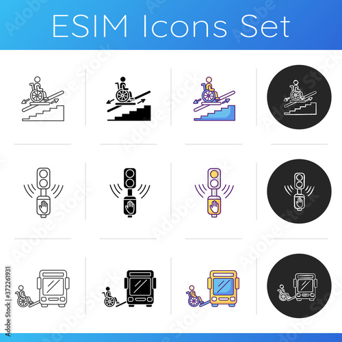 Wheelchair users facilities icons set. Acoustic traffic lights signals. Bus ramp. Wheelchair platform, stairlifts for disabled users. Linear, black and RGB color styles. Isolated vector illustrations