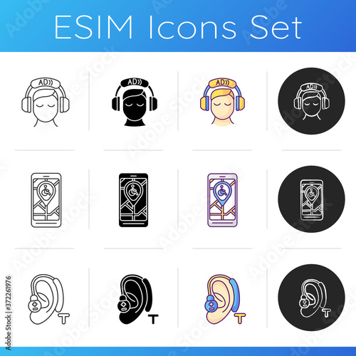 Devices for disabled people icons set. Audio description. Hearing loop. City map app for wheelchair users. App for wheelchair users. Linear, black and RGB color styles. Isolated vector illustration