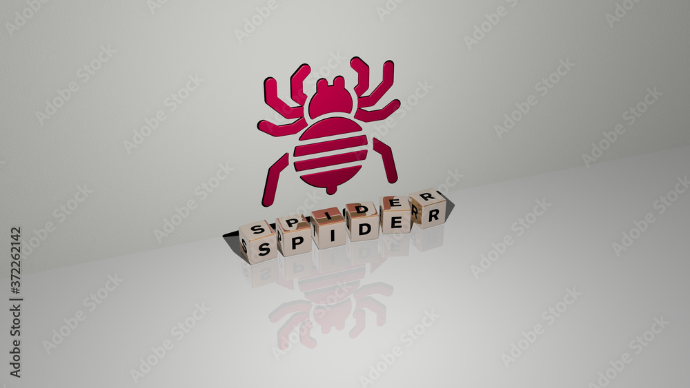 spider text of cubic dice letters on the floor and 3D icon on the wall, 3D illustration for background and web