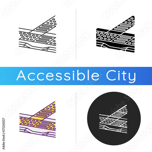 Tactile guidance icon. Tenji blocks. Truncated domes. Detectable warning surfaces. Tactile tiles. City infrastructure. Linear black and RGB color styles. Isolated vector illustrations