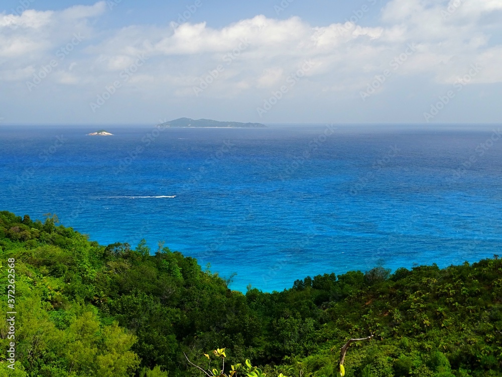 Seychelles, Indian Ocean, Mahe Island, west coast, view of Silhouette Island from the Anse Major trail