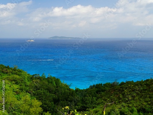 Seychelles, Indian Ocean, Mahe Island, west coast, view of Silhouette Island from the Anse Major trail
