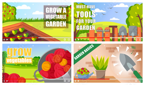 Concept of vector video player interface. Set of video tutorials about gardening vegetables, home plants care, garden tools for agriculture. Screensaver of video for vlog or education at distance
