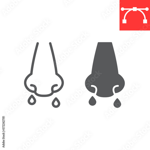 Runny nose line and glyph icon, coronavirus and allergy, flu sign vector graphics, editable stroke linear icon, eps 10.