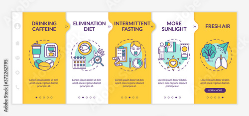 Biohacking techniques onboarding vector template. Elimination diet, intermittent fasting and fresh air. Responsive mobile website with icons. Webpage walkthrough step screens. RGB color concept