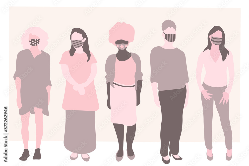Beautiful trendy women wearing stylish surgical mask. Fashionable protection from virus, flu, pollution. Stylish women with trendy medical masks. Beautiful trendy women wearing stylish surgical mask. Fashionable protection from virus, flu, pollution. Stylish women with trendy medical masks.