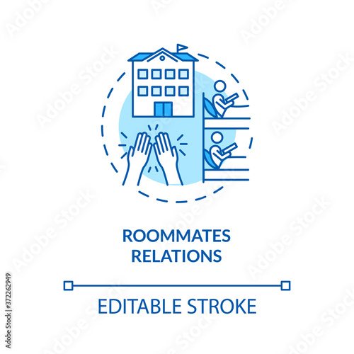 Roommates relations turquoise concept icon. Dormitory partner. Mate for room rental in university. College life idea thin line illustration. Vector isolated outline RGB color drawing. Editable stroke