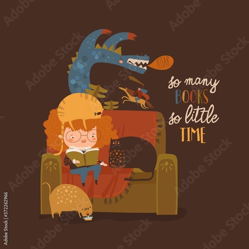 Cute cartoon girl reading book with funny cats