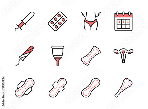 Menstruation line flat icon set. Can be used to illustrate feminine hygiene and health. Periods symbol red color