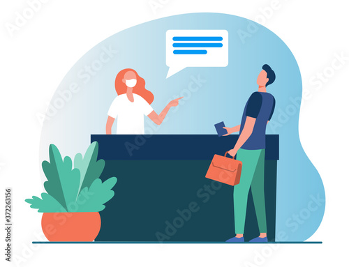 Hospital receptionist pointing at man without mask. Nurse, patient, quarantine flat vector illustration. Medicine and pandemic concept for banner, website design or landing web page