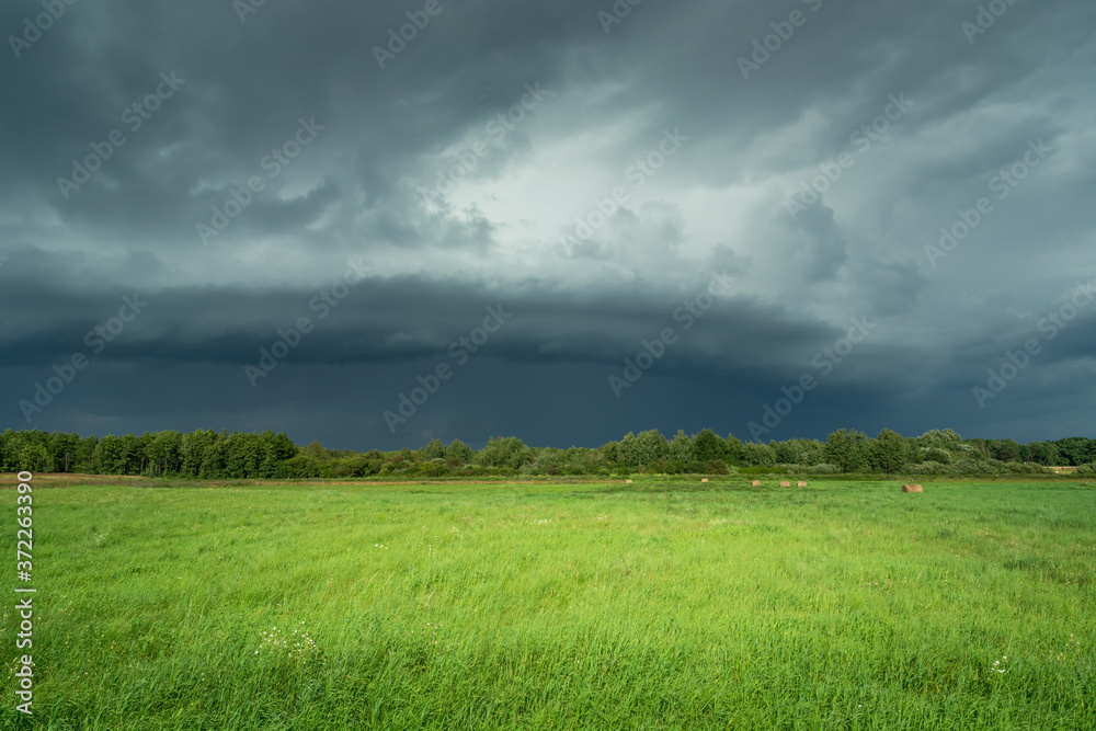 Storm cell in the sky and green meadow