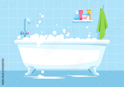 Blue bathroom semi flat vector illustration. Bath tub with bubbles. Bathtub with soap foam for daily hygiene. Boyish household lavatory interior 2D cartoon background for commercial use