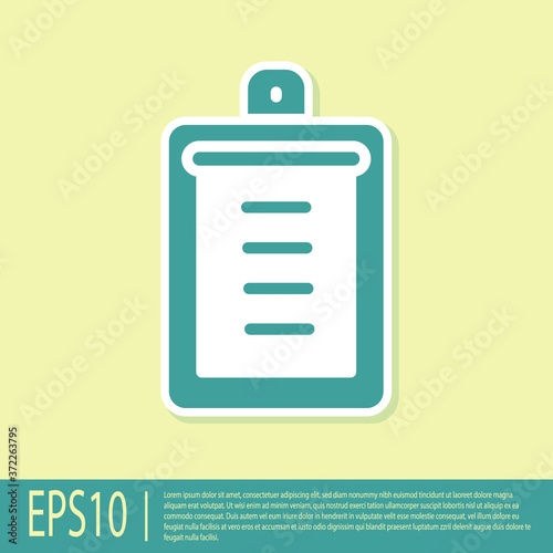 Green Clipboard with checklist icon isolated on yellow background. Control list symbol. Survey poll or questionnaire feedback form. Vector.