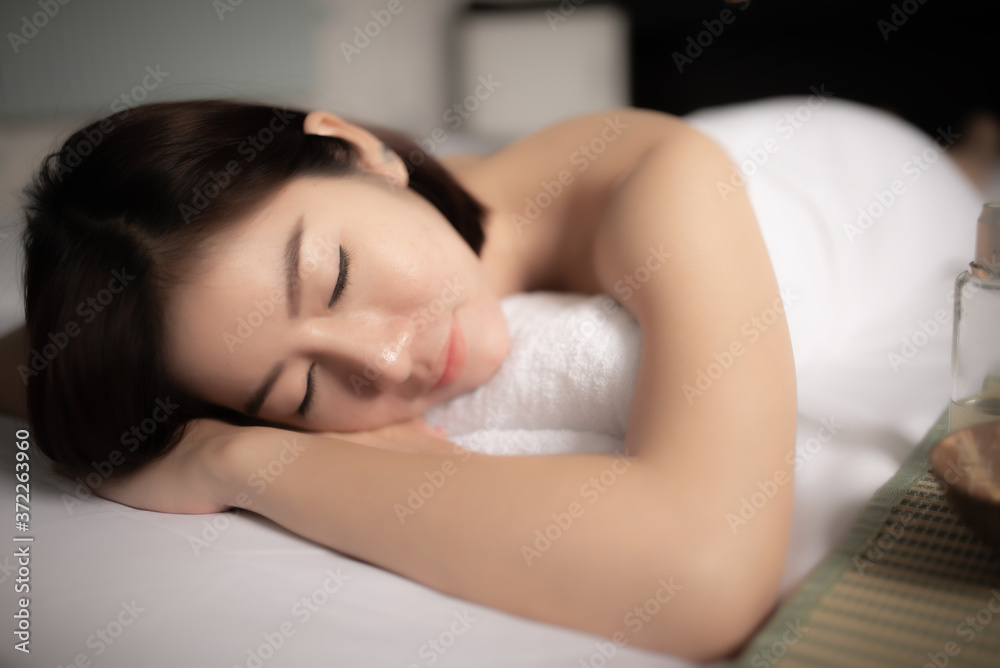 Asians beautiful woman sleep spa and relax massage,Time of relax after tired from hard work,Thailand people Asians beautiful woman sleep spa and relax massage,Time of relax after tired from hard work,Thailand people