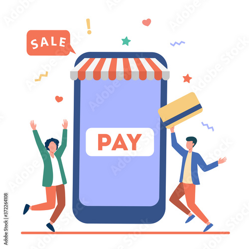 Tiny young guys paying with plastic card via mobile app. Smartphone, online, store flat vector illustration. Shopping and digital technology concept for banner, website design or landing web page