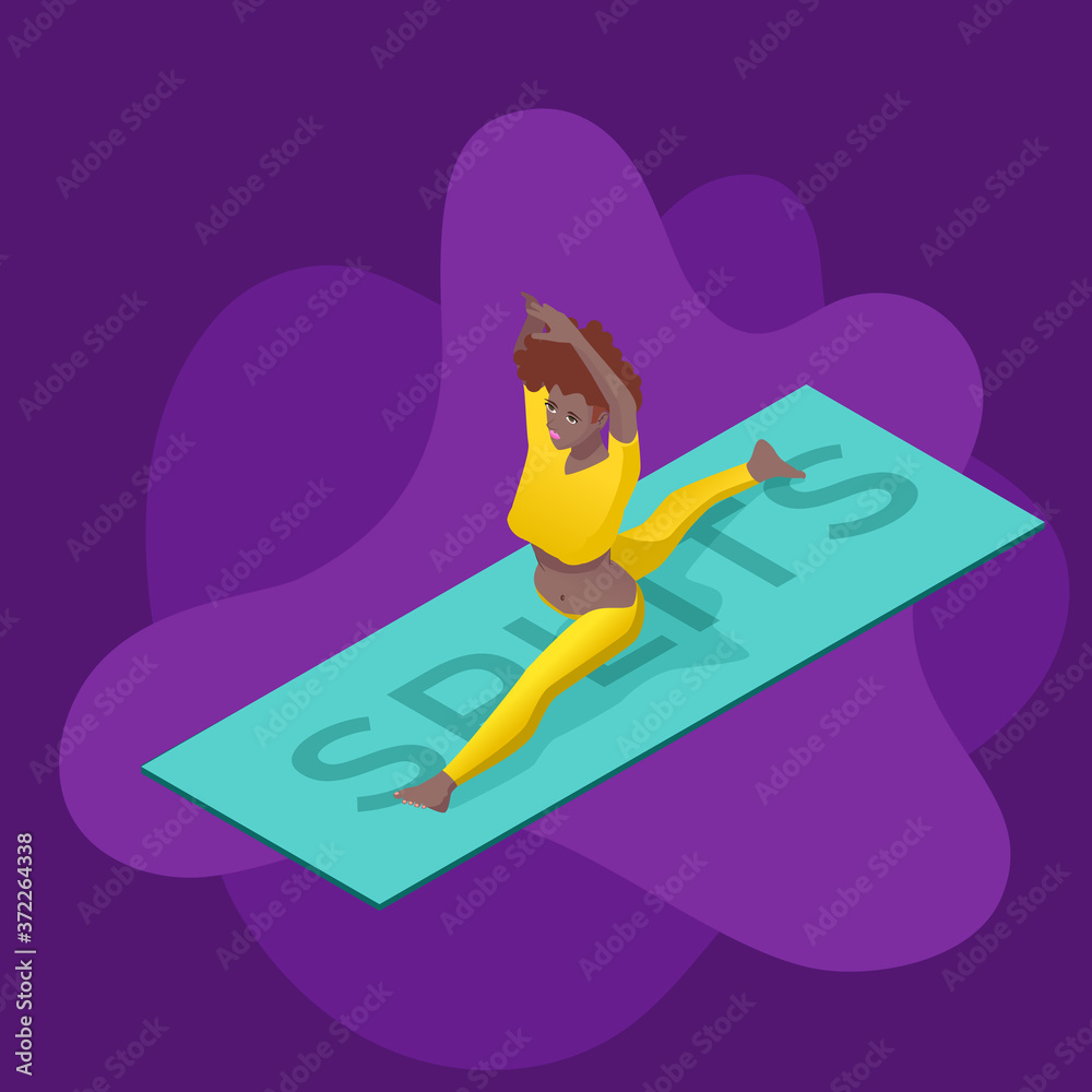 Yogi girl doing front splits over a yoga mat wearing colorful pants in isometric perspective