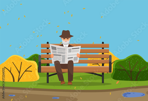 Old man sitting on a bench and reading a newspaper on the square in autumn time. Happy senior resting in city park, reading news. Simple cartoon vector illustration with yellow and green low bushes