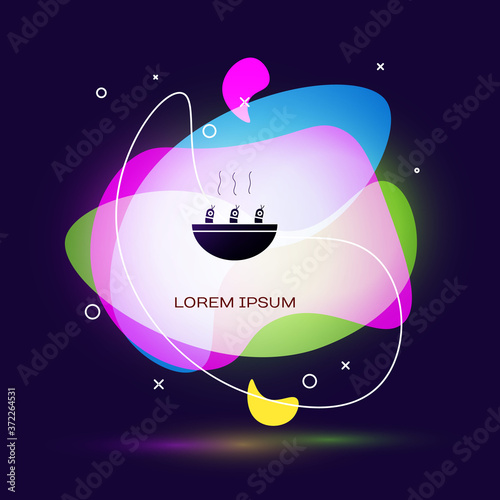 Black Soup with shrimps icon isolated on blue background. Tom yum kung soup. Abstract banner with liquid shapes. Vector..