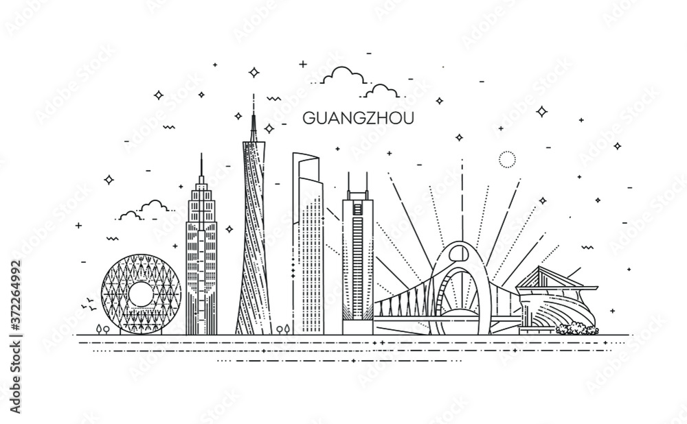 Guangzhou, China, asia, city, Guangzhou city, skyline, vector, line, thin, outline, flat, llIustration, lineart, building, linear, architecture, travel, landmark, symbol, modern, graphic, skyscraper
