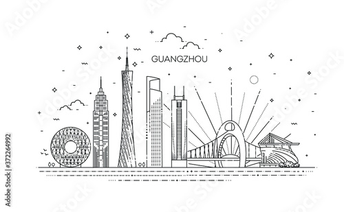 Guangzhou  China  asia  city  Guangzhou city  skyline  vector  line  thin  outline  flat  llIustration  lineart  building  linear  architecture  travel  landmark  symbol  modern  graphic  skyscraper 