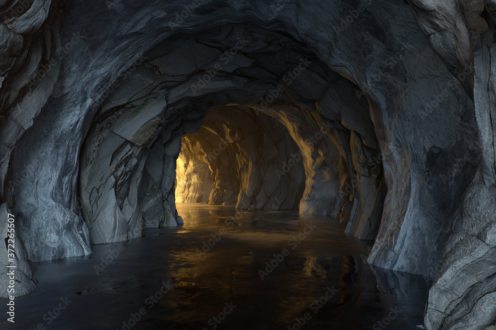 Fototapeta premium The dark rock tunnel with light illuminated in the end, 3d rendering.