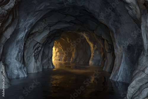 The dark rock tunnel with light illuminated in the end, 3d rendering.