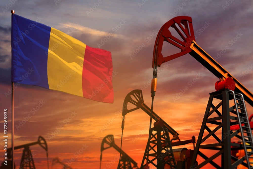 Romania oil industry concept. Industrial illustration - Romania flag and oil wells with the red and blue sunset or sunrise sky background - 3D illustration