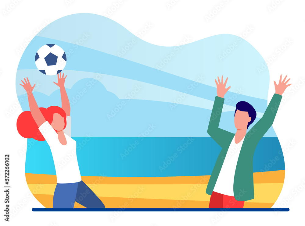 Young couple playing with ball on sea beach. Travel, fun, player flat vector illustration. Summer vacation and sport game concept for banner, website design or landing web page