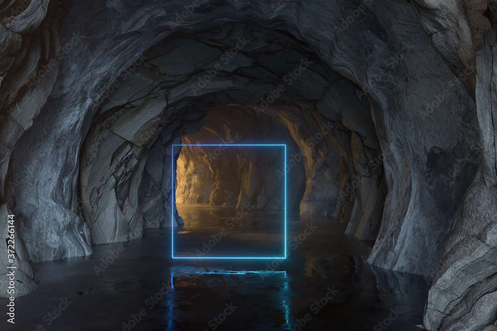 Fototapeta premium The dark rock tunnel with light illuminated, 3d rendering.