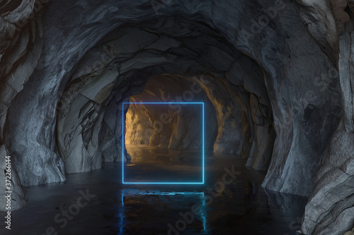 Fototapeta Naklejka Na Ścianę i Meble -  The dark rock tunnel with light illuminated, 3d rendering.