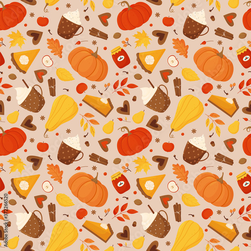 Seamless vector pattern with pumpkins, pumpkin pie, autumn leaves, berries, spices, cups of cocoa and coffee and jars of jam.