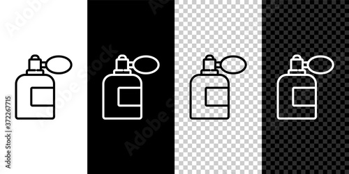 Set line Aftershave bottle with atomizer icon isolated on black and white background. Cologne spray icon. Male perfume bottle. Vector Illustration.
