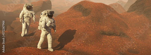 astronauts on Mars, space travelers exploring the landscape on the red planet