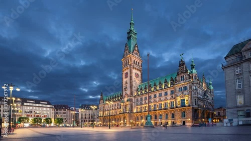 Hamburg, Germany. View of illuminated Town Hall building at dusk (static image with animated sky)
 photo