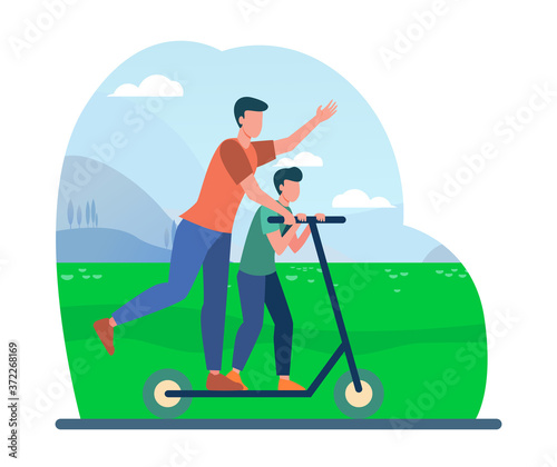 Young father riding on electric scooter with son. Family, landscape, park flat vector illustration. Activity and summer vacation concept for banner, website design or landing web page