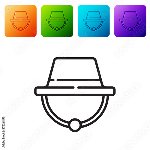 Black line Camping hat icon isolated on white background. Beach hat panama. Explorer travelers hat for hunting, hiking, tourism. Set icons in color square buttons. Vector Illustration.