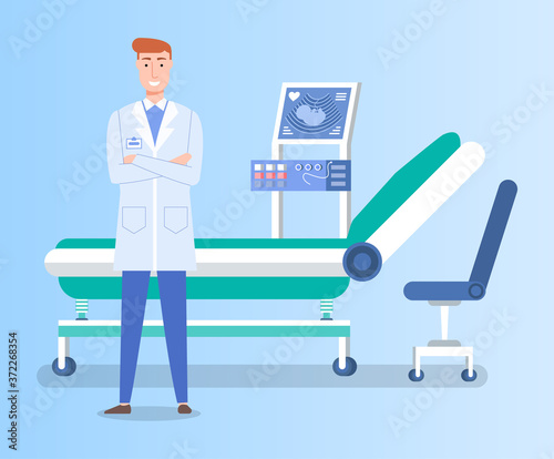 Concept of gynecological cabinet or medical office. Smiling doctor standing near couch with ultrasound machine near. Clinic centre concept. Examining baby at scanning machine. Ultrasound image of baby
