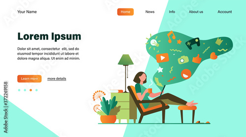 Social media addicted woman. Cartoon character relaxing at home, using tablet computer for web surfing, playing online games. Vector illustration for internet addiction, communication concept