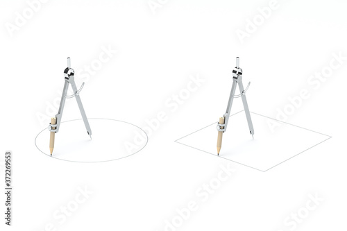 Картината върху платно Compasses drawing square, unusual concept, 3d rendering.