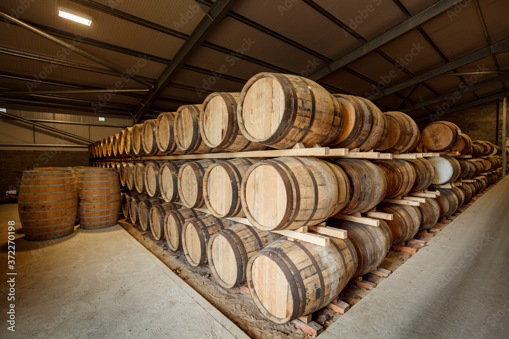 Rows of traditional full whisky barrels, set down to mature, in a large warehouse facility, with acute perspective