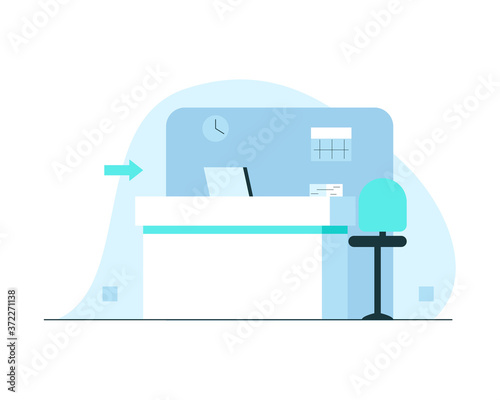 Hospital reception concept illustration. Vector illustration of a reception hall modern minimalistic interior with reception desk, chair, computer, wall calendar and signs. Hospital register office